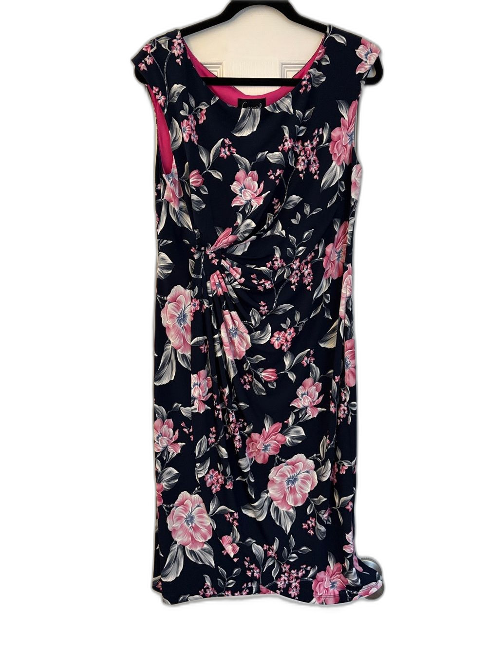 Connected Apparel Navy Pink Floral Twist-Front Sleeveless Midi Dress Size 14